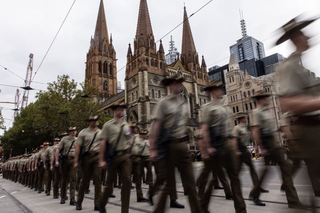 Australian Defense Force personnel participate in the Anzac Day march in Melbourne on April 25, 2024.