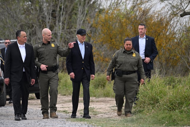 President Joe Biden listens to Border Patrol agents as he visits Brownsville, Texas, on Feb. 29, 2024.