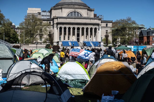 Student demonstrators occupy the "Gaza Solidarity Encampment" on the West Lawn of Columbia University, in New York City, on April 23, 2024.