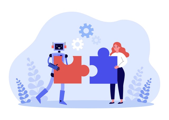 Cooperation and partnership between robot and human. Woman and machine connecting puzzle together flat vector illustration. AI, automation concept for banner, website design or landing web page