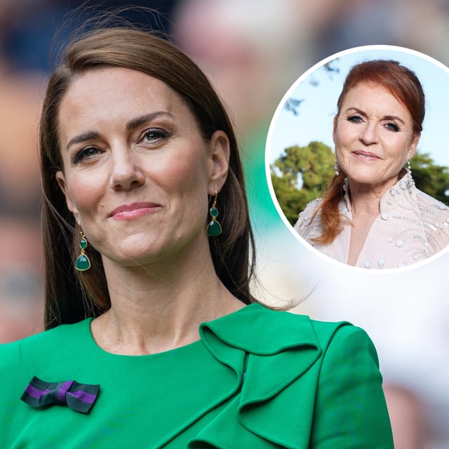 Princess Kate photographed at the Wimbledon Tennis Championships in London, July 16, 2023. And (inset) Sarah Ferguson photographed in Cap d'Antibes, France, May 2024. The duchess spoke about Kate's cancer diagnosis during a recent TV appearance.