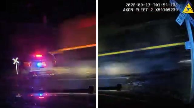 Stills hinting at a train colliding with a police car from a Ft. Lupton, Colorado, police camera