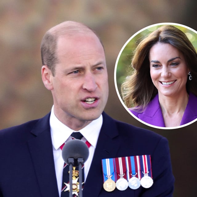 Prince William photographed at a D-Day 80th anniversary commemoration in Portsmouth, England, June 5, 2024. And (inset) Princess Kate photographed in London, November 15, 2023.