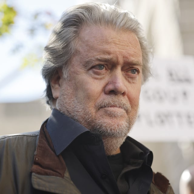 Former Trump White House senior adviser Stephen Bannon speaks to journalists after leaving federal court after being sentenced on October 21, 2022 in Washington, DC. On Thursday, Bannon was ordered to surrender to prison on July 1.