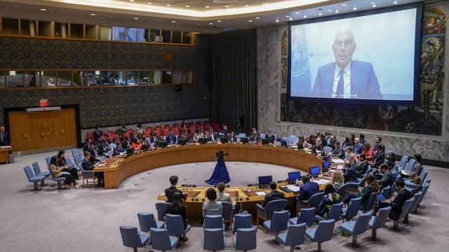 Volker Turk, United Nations High Commissioner for Human Rights, speaks via video call after Linda Thomas-Greenfield, United States Ambassador to the United Nations, sitting president of the United Nations Security Council, gavels in a meeting of the council to discuss the situation in the Democratic People's Republic of Korea, Thursday, Aug. 17, 2023, at United Nations headquarters. (AP Photo/John Minchillo)
