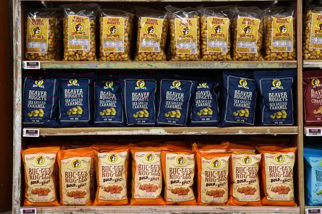 Shelves are lined with Beaver Nuggets on opening day at the new largest Buc-ee’s travel center in Luling, Texas on Monday, June 10, 2024.