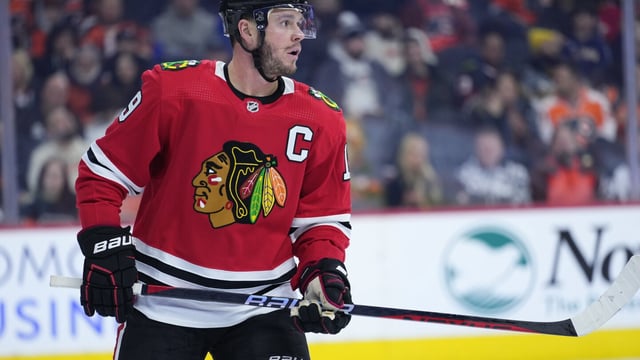 FILE - Chicago Blackhawks' Jonathan Toews plays during the team's NHL hockey game against the Philadelphia Flyers on Jan. 19, 2023, in Philadelphia. Former Blackhawks captain Toews says in an Instagram post that he is stepping away from hockey to get healthy after playing in just 53 games last season. But he stresses he's not retiring. (AP Photo/Matt Slocum, File)