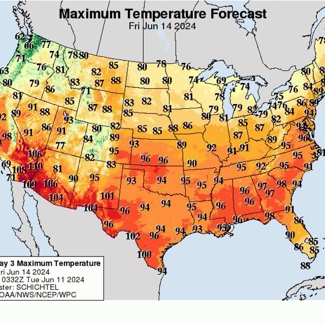 NWS map showing the maximum heat index temperatures forecast for Friday. The next few days are set to see "sizzling" temperatures".