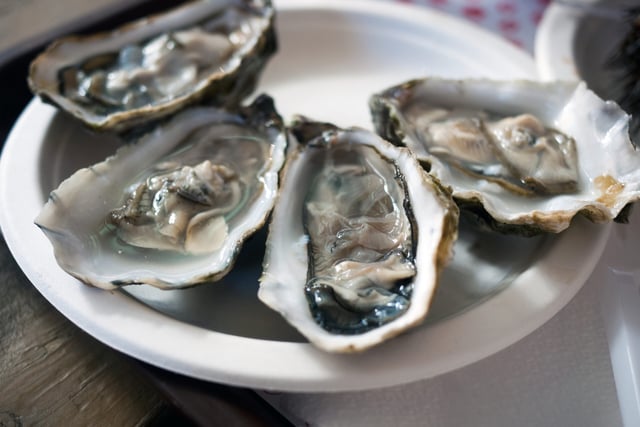 Oysters served on a plate at restaurant