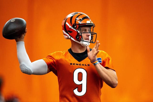 Cincinnati Bengals quarterback Joe Burrow (9) throws a pass at Bengals spring practice at the IEL Indoor Facility in Cincinnati on Tuesday, June 11, 2024.