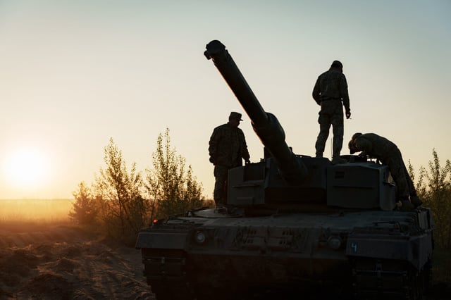 Ukrainian military conducts training on Leopard 2 tanks at the test site on May 14, 2023 in Ukraine.