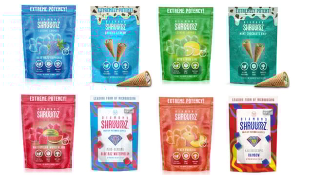 A compilation of photos of colorful packaging, like those used for snacks. The packages read "Extreme potency! Diamond Shruumz" and show pictures of fruit gummies or filled ice cream cones