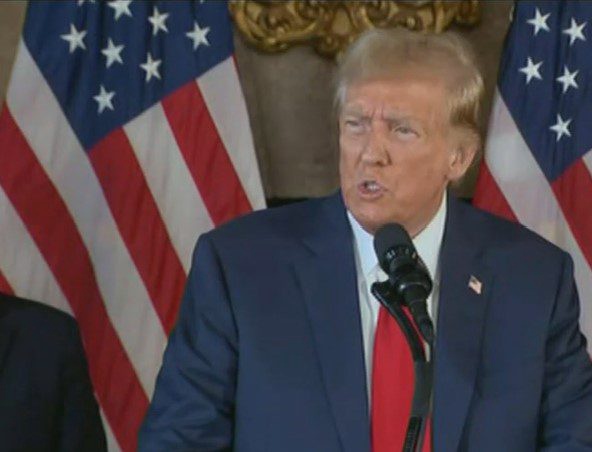 Trump holds a press conference with Mike Johnson at Mar-a-Lago.