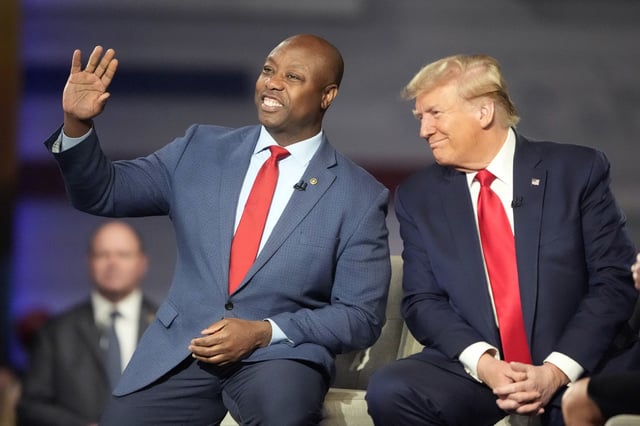 Former President Donald Trump and Sen. Tim Scott, R-S.C., during a Fox News Channel town hall on Feb. 20, 2024, in Greenville, S.C. 