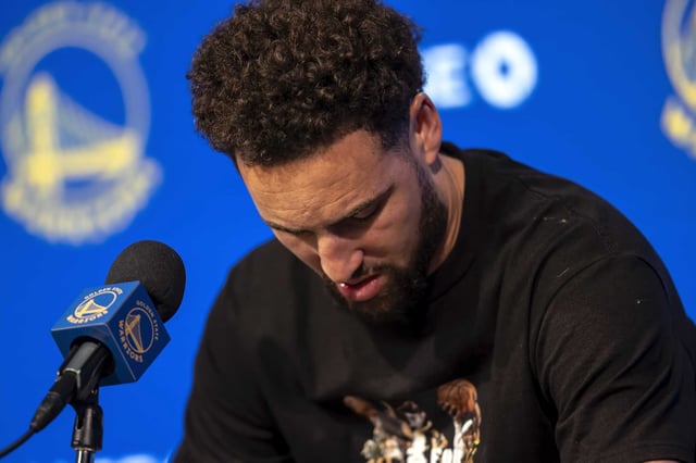 Klay Thompson pauses as he speaks to reporters during his end-of-season media availability at Chase Center on April 17. A day earlier he went scoreless in the Warriors’ play-in loss to the Sacramento Kings.