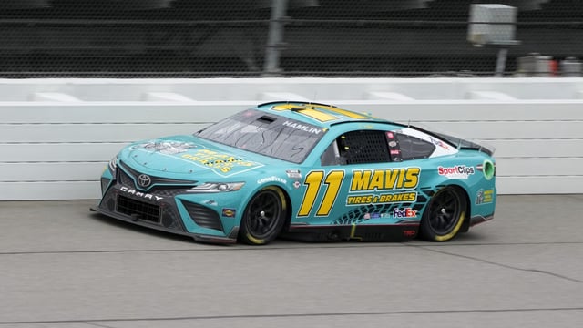 Denny Hamlin drives during a NASCAR Cup Series auto race at Michigan International Speedway in Brooklyn, Mich., Monday, Aug. 7, 2023. (AP Photo/Paul Sancya)