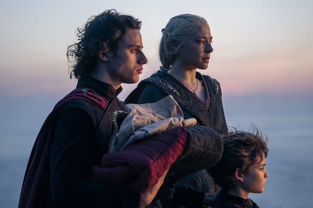 (L-R): Harry Collett as Jacaerys Velaryon, Emma D'Arcy as Rhaenyra Targaryen, and Oscar Eskinazi as Joffrey Velaryon in House of the Dragon Season 2.