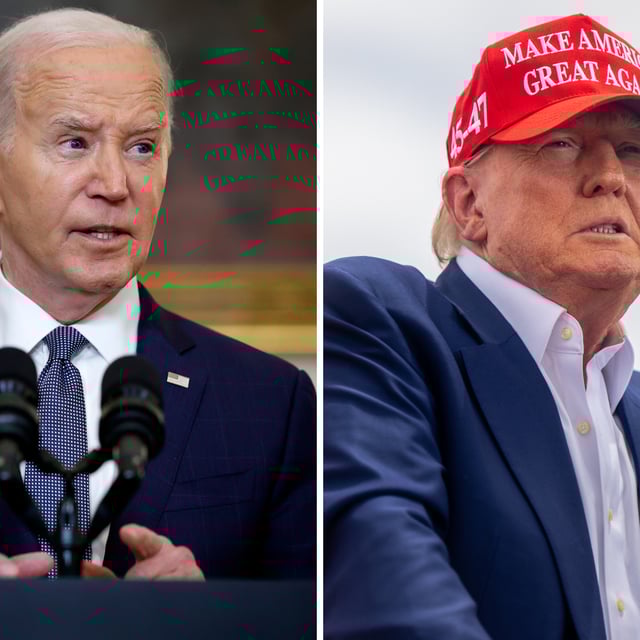 From left, President Joe Biden delivers remarks at the White House on May 31, 2024, in Washington, DC. Former President Donald Trump speaks during his campaign rally at Sunset Park on June 09, 2024, in Las Vegas, Nevada.