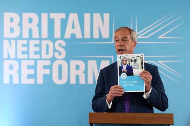 Nigel Farage, leader of Reform UK, during the launch of the party’s ‘Our Contract with You’ general election manifesto on Monday. Photo: Bloomberg