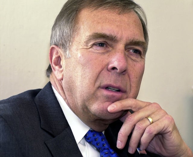Rep. George Nethercutt, R-Wash., pauses while speaking in Olympia, Wash., Feb. 3, 2003. Nethercutt, who was a Spokane lawyer with little political experience when he ousted Democratic Speaker of the House Tom Foley as part of a stunning GOP wave that shifted national politics to the right in 1994, died Friday, June 14, 2024, near Denver. He was 79. (AP Photo/Louie Balukoff, File)