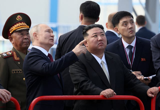 Russia's President Vladimir Putin and North Korea's leader Kim Jong Un visit the Vostochny Сosmodrome in Russia's far eastern Amur region, Russia, on Sept. 13, 2023.