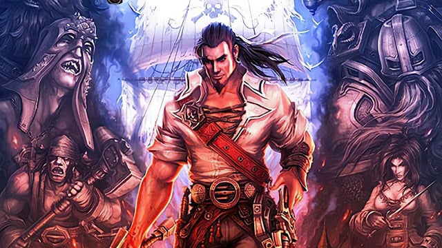 Key art for Captain Blood - a pirate is centred in the screen, surrounded by several other fantasy-looking characters