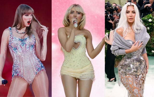 Taylor Swift, Sabrina Carpenter and Kim Kardashian. CREDIT: ANDRE DIAS NOBRE, Marleen Moise and Taylor Hill/Getty Images
