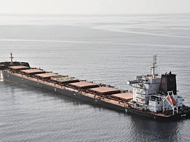 In this photo released by the Etat-Major des Armées, the MV Tutor sinks in the Red Sea after it was struck by a Houthi drone vessel, Wednesday, June 12, 2024. The bulk carrier sank days after an attack by Yemen's Houthi rebels believed to have killed one mariner on board, authorities said early Wednesday, June 19, the second-such ship to be sunk in the rebel campaign. (Etat-Major des Armées/France via AP)