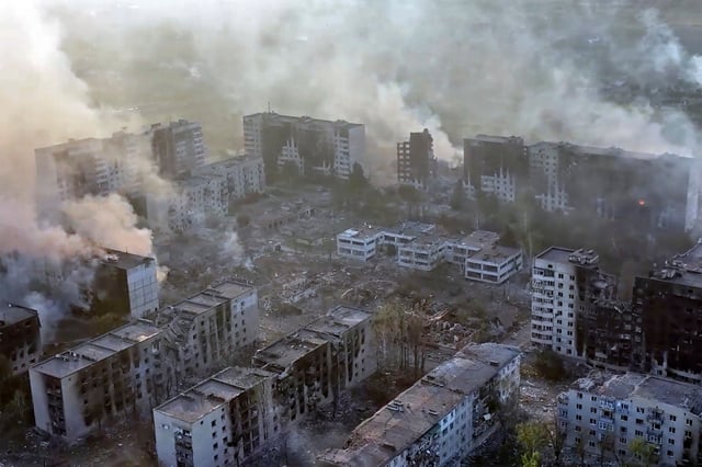 The northeastern frontline town of Vovchansk, Ukraine, during heavy bombardment. Photo: Tsunami Assault Regiment, Liut Brigade via AP