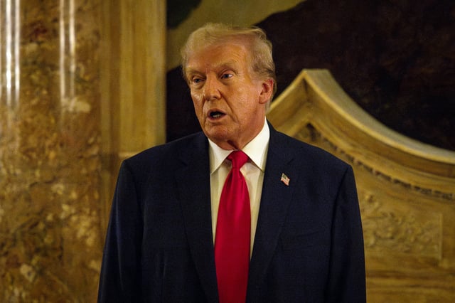 WEST PALM BEACH, FLORIDA - JUNE 5: Former U.S. President Donald Trump speaks to reporters during a dinner at Mar-a-Lago on June 5, 2024 in West Palm Beach, Florida. Now that his criminal trial in New York has wrapped up, the former president has scheduled a number of fundraising events around the country to aid his presidential bid.