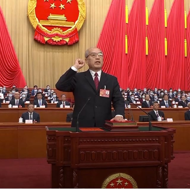 This image shows Zhang Jun, chief justice of China's Supreme People's Court, being sworn in at the Great Hall of the People in Beijing on Marhc 11, 2023. The court and several other Chinese government bodies in issuing a June 21 opinion that instates a range of punishments, including the death penalty, for "'Taiwan independence' diehards."