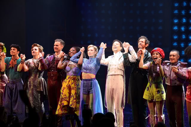 Nathan Levy, Jennifer Simard, Ryan Steele, Aisha Jackson, Briga Heelan, Justin Guarini, Adam Godley, Selene Haro and Mikey Ruiz attend the "Once Upon A One More Time" Broadway Opening Night at Marquis Theatre on June 22, 2023 in New York City.