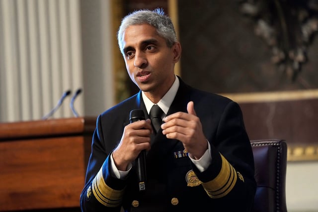 US Surgeon General Dr Vivek Murthy speaks during an event at the White House in Washington on April 23. Murthy is asking Congress to require warning labels on social media platforms that are similar to those on cigarette packets. Photo: AP