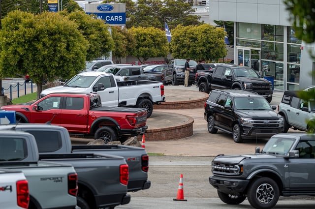 New Ford vehicles for sale at a dealership in Colma, California, US, on Friday, June 21, 2024. CDK Global, a software provider to some 15,000 car dealers, was waylaid by debilitating cyberattacks this week that have had a crippling effect on the auto sales industry.