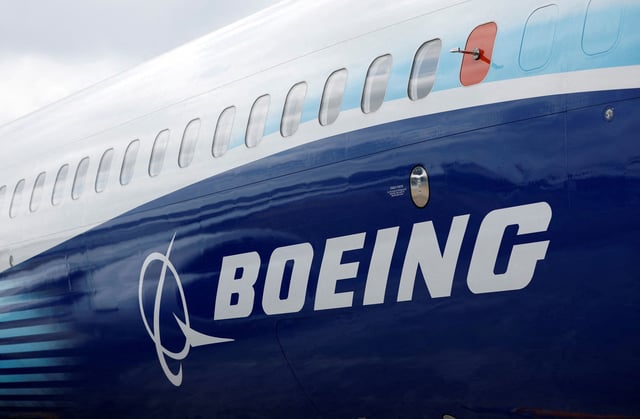 The Boeing logo is seen on the side of a Boeing 737 MAX at the Farnborough International Airshow in this 2022 file photo.