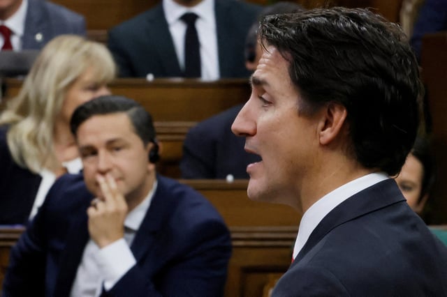 Canada’s Prime Minister Justin Trudeau speaks as Conservative Party of Canada leader Pierre Poilievre listens during Question Period in the House of Commons in Ottawa in September 2023. Photo: Reuters