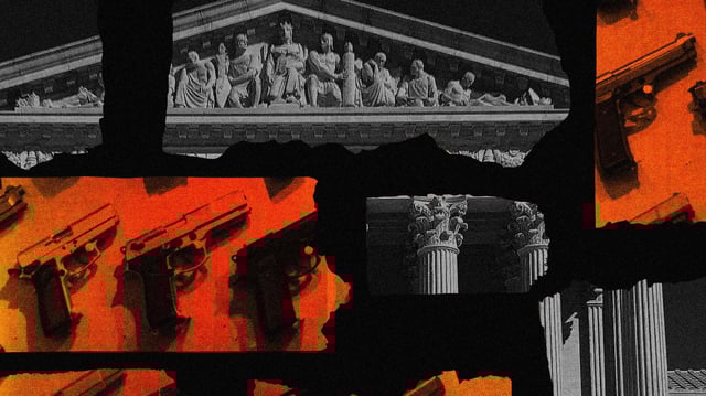 The U.S. Supreme Court is seen behind a row of handguns