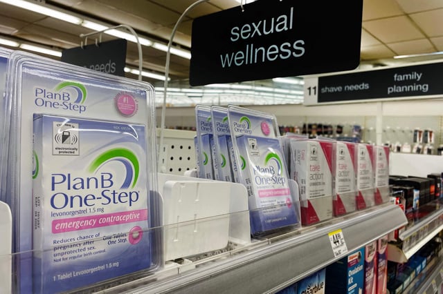 Plan-B, emergency contraceptive, on the self in a drug store in Annapolis, Maryland, on July 6, 2022. - The US Supreme Court ruling that overturned the right to abortion spurred a rush to prepare for an America where the procedure is banned in many states.
"Birth control," "IUD" and even medical sterilization have all jumped in internet search trends, and drugstore chains have limited purchases of so-called morning-after pills to cope with demand. (Photo by Jim WATSON / AFP) (Photo by JIM WATSON/AFP via Getty Images)