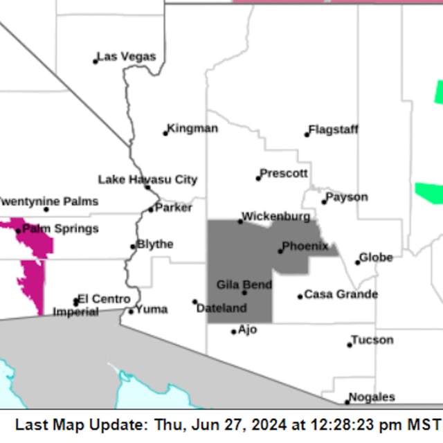 This map from the National Weather Service (NWS) show the parts of Arizona under an Ozone High Pollution Advisory on Friday, June 28. Residents in the areas, which are marked in dark grey, are urged to avoid driving in order to decrease emissions while the advisory is in effect.
