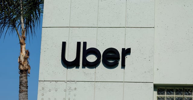 The Uber logo is shown on the building in Los Angeles, California, U.S., February 14, 2024.  REUTERS/Mike Blake/File Photo