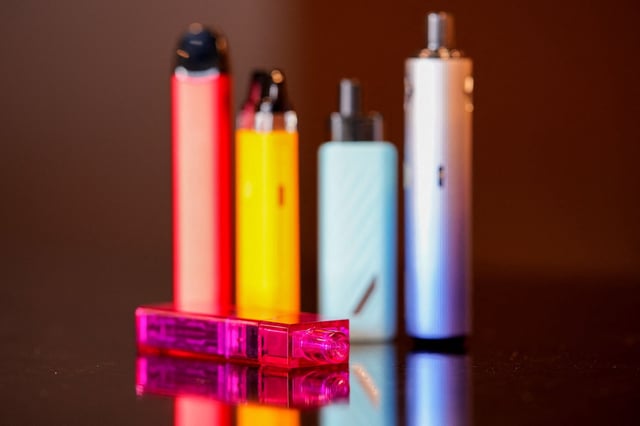 Vape pens are pictured on a counter at a vape store, in Melbourne, Australia, May 2, 2023.  REUTERS/Sandra Sanders