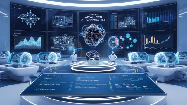 A high-tech, sophisticated depiction of an initiative to source new evaluations for measuring advanced model capabilities, focusing on the technology and methodologies involved.