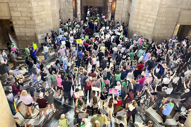 Hundreds of people descend on the state Capitol to protest plans by conservative lawmakers in the Nebraska Legislature to revive an abortion ban, in Lincoln, Neb., on May 16, 2023.