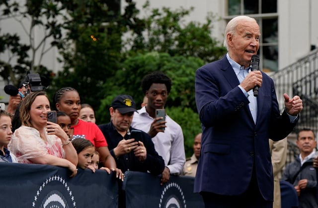 President Joe Biden speaks during a Fourth of July barbecue for active-duty U.S. military members and their families at the White House in Washington, DC, on July 4, 2024.