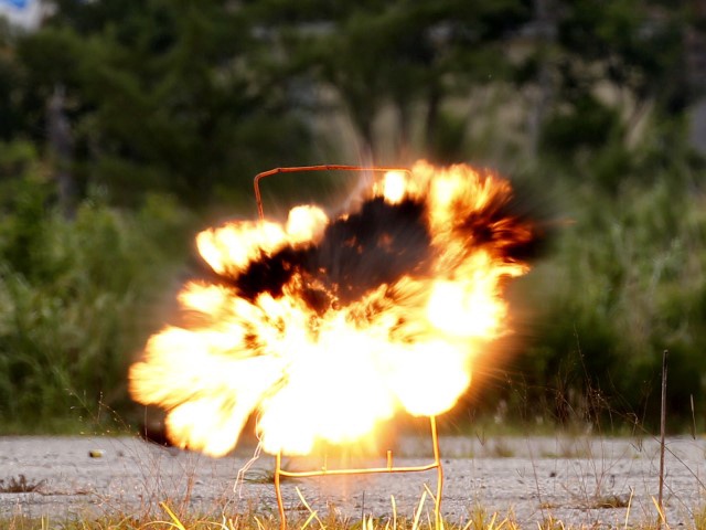 A sheet explosive hidden in a mailing envelope is detonated during a live explosives demonstration and training for local law enforcement and fire departments, Monday, Sept. 10, 2018, at the Homestead Air Reserve Base in Homestead, Fla. The course aided students with explosives identification and applications, explosives effects, IED component recognition, the difference between military and commercial explosives, and evidence collection. (Wilfredo Lee/AP)