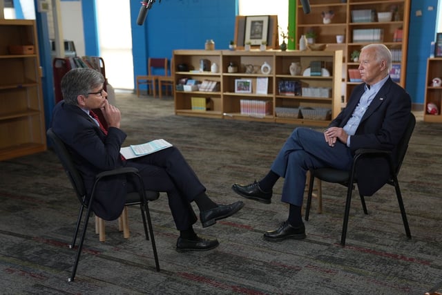 President Joe Biden speaks during an interview with ABC News anchor George Stephanopoulos in Madison, Wisconsin, on July 5.