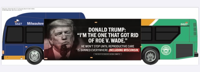 The Democratic National Committee is outfitting 57 buses with ads boosting Democratic President Joe Biden and targeting Republican former President Donald Trump. The adorned buses will be running during the Republican National Convention in Milwaukee July 15-18.