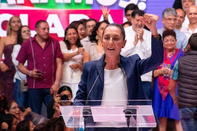 President-elect Claudia Sheinbaum Pardo of the "Sigamos Hazando Historia" coalition speaks in the Arena México earlier this year.