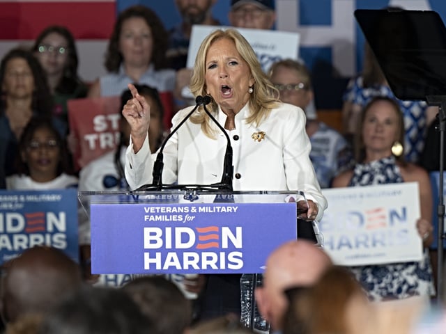 NORTH CAROLINA, UNITED STATES - JULY 8: First Lady Dr. Jill Biden speaks during a campaign event in Wilmington, North Carolina, United States on July 8, 2024. First Lady Dr. Jill Biden is launching President Joe Biden's outreach to veterans and military families during a campaign swing through battleground states. (Photo by Allison Joyce/Anadolu via Getty Images)