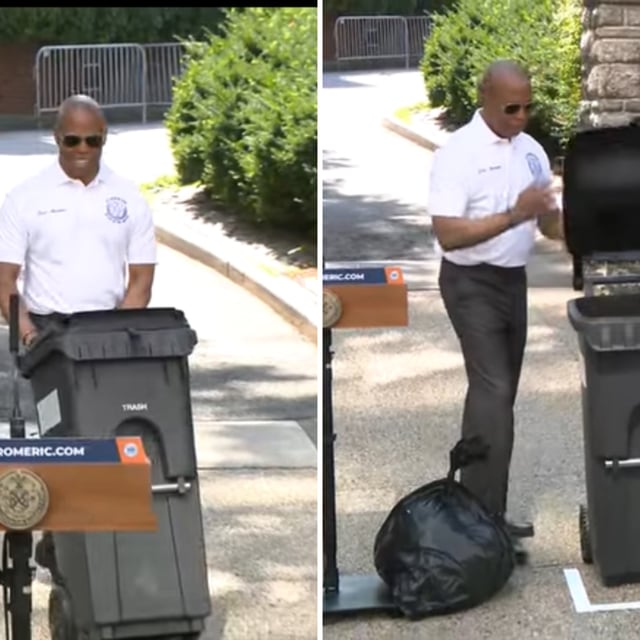 Pictures of NYC Mayor Eric Adams unveiling a new wheelie trash can in a press conference on Monday 8 July, 2024.